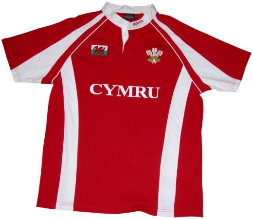 WALES RUGBY SHIRT  RED WITH WHITE COLLAR  EMBROIDERD THREE FEATHER SIZE SMALL