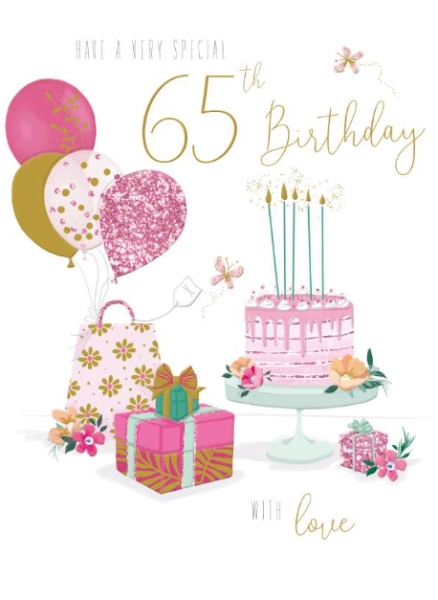 65th Birthday Card - Pink Cake & Balloons - YA3783 - Welsh Gifts