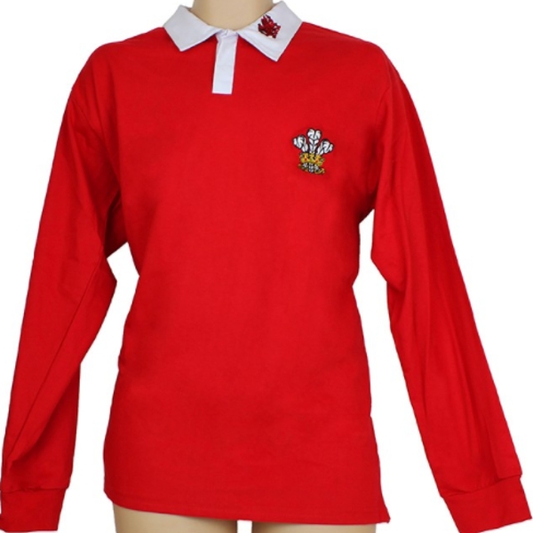 WALES RUGBY SHIRT  RED WITH WHITE COLLAR  EMBROIDERD THREE FEATHER SIZE SMALL
